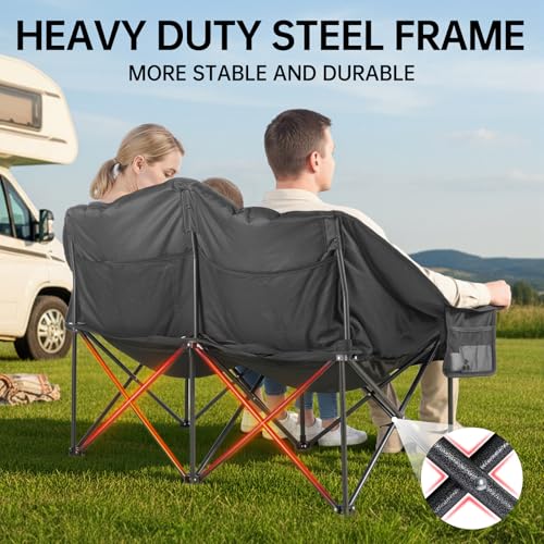 Qucamous Oversized Double Camping Chair Loveseat XL Black & Grey - Heavy Duty, Water-Resistant, 600LBS Capacity