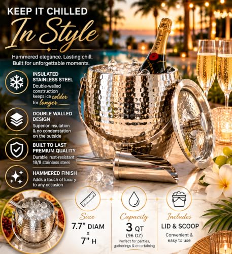 Silver Insulated Ice Bucket with Lid & Scoop - 3QT Champagne Cooler