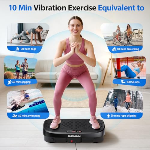 Glorygym Black Large Vibration Plate Exercise Machine for Weight Loss & Full Body Workout with Resistance Bands