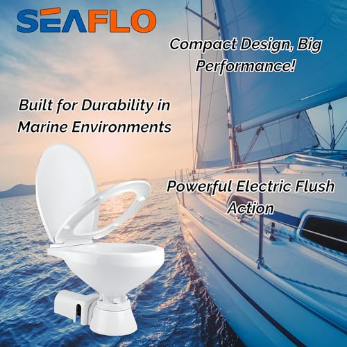SEAFLO 12V Electric Marine Toilet - Large Size, Corrosion Resistant, Soft Close Seat, Built-In Backflow Preventer, Model SFMTE1-01-R - Regular