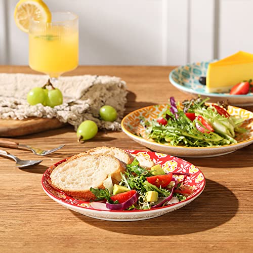 Ceramic Salad Plates Set of 6 - 8 Inch Colorful Dessert Plates, Vibrant Colors