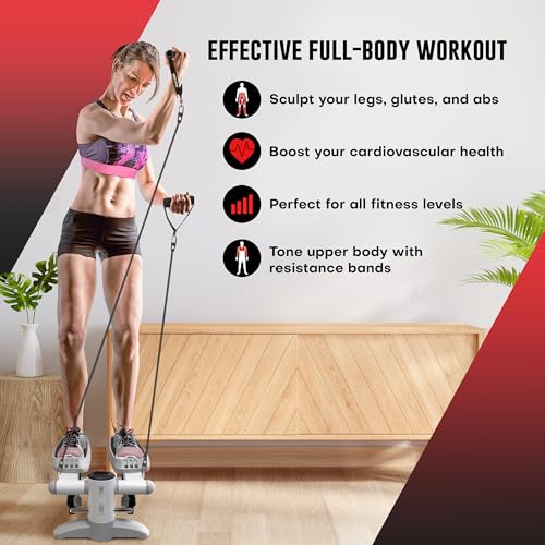 Mini Stepper Machine with Resistance Bands - Space-Saving Cardio Equipment - White/Grey
