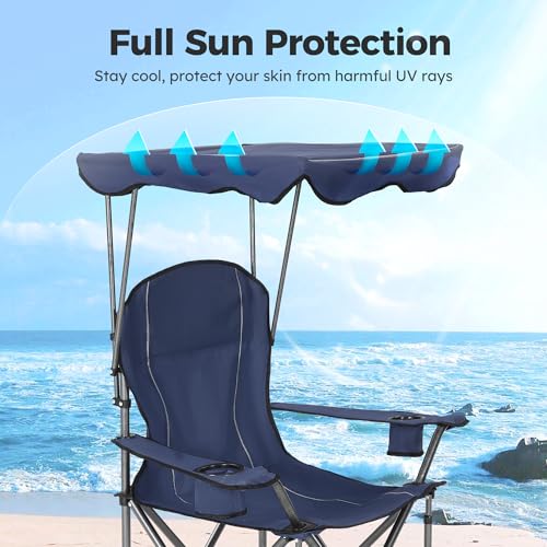 Heavy Duty Camping Chair with Canopy - Navy Blue 2-Pack, Adjustable Sunshade