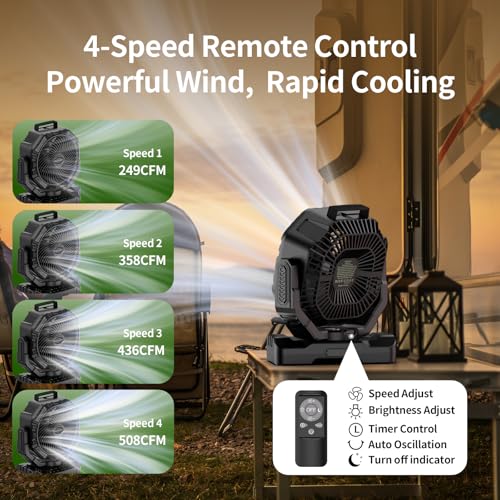 10 Inch Rechargeable Camping Fan with Remote, 40000mAh Battery, Oscillating & Light - Black