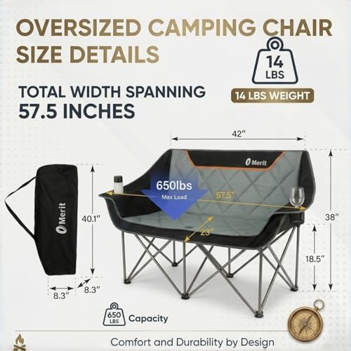 Emerit Black Oversized Fully Padded Camping Loveseat with Cup Holders, 650LB Capacity