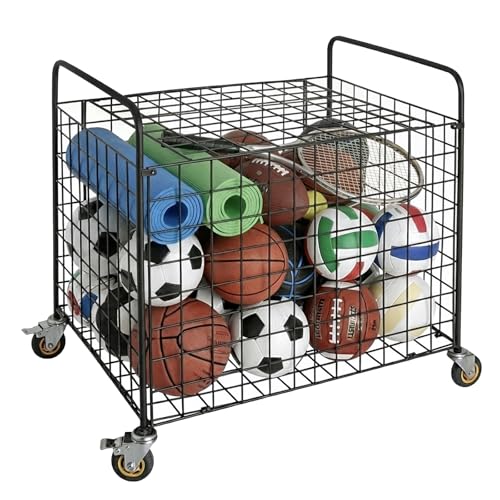 MyGift Black Multi Sports Ball Storage Cart with Jumbo Industrial Wheels