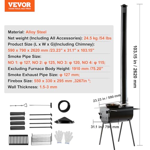 Large Tent VEVOR 118" Camping Wood Stove with Firebox & Chimney Pipes - Outdoor Heating & Cooking