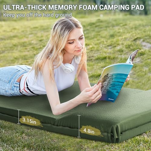 Elegear Army Green Self-Inflating Sleeping Pad with Pillow 26D Memory Foam, 3.15'' Thick, Single