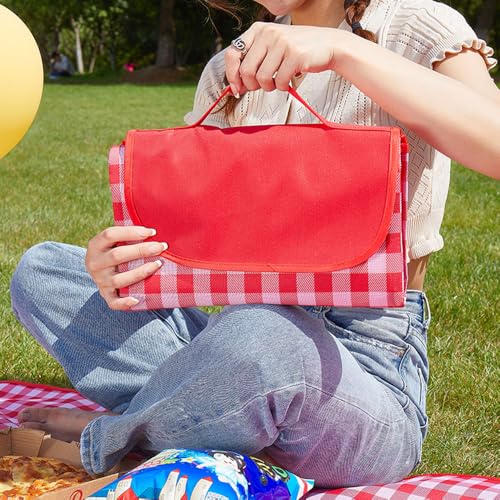 Large Waterproof Sand-Free Beach Blanket - Foldable Picnic Mat for 2-4 People, Classic Red Check 80x60in