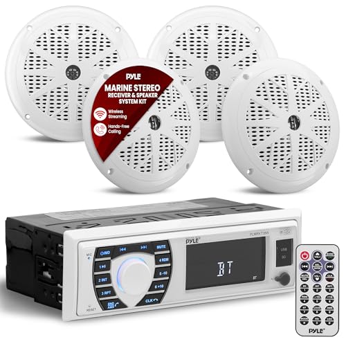 Pyle Marine Bluetooth Radio Receiver & Waterproof Boat Speaker Set - 12V Single DIN