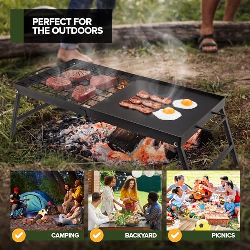 Carbon Steel Foldable Campfire Grill with Non-Stick Surface Portable Cooking Grate & Griddle