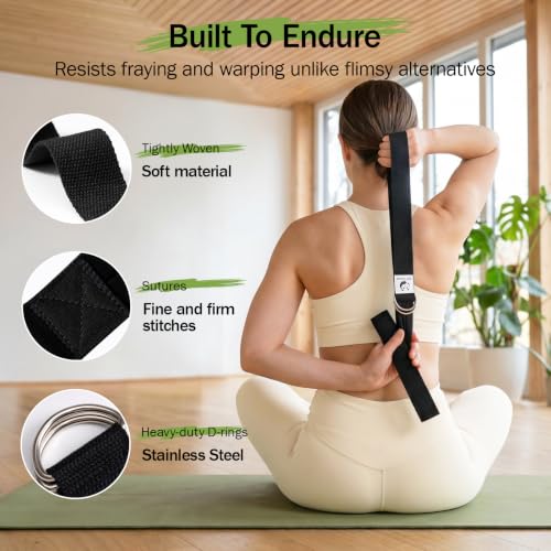 8 Feet Cotton Yoga Strap for Stretching - Black, Pack of 2, Adjustable D-Ring