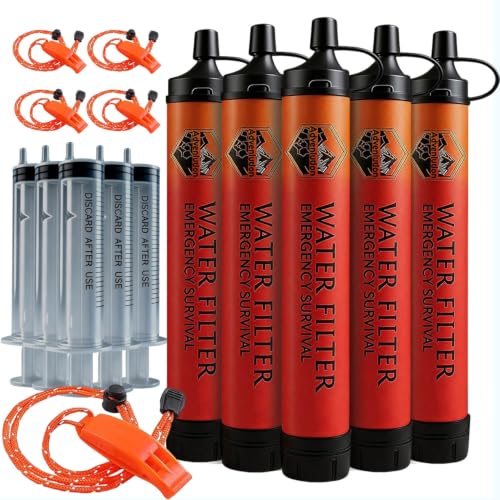 Personal Water Filter Straw with Emergency Whistle - 5-Pack Orange