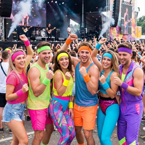 Neon Sweatbands Set 24 Pcs - 8 Colors Headbands & Wristbands for Sports, Fitness & Workout