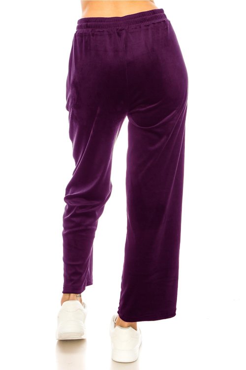 LA12ST Women's Elastic Waist Velour Loose Wide Leg Pants Long Palazzo Casual Flare Jogger with Pockets Purple