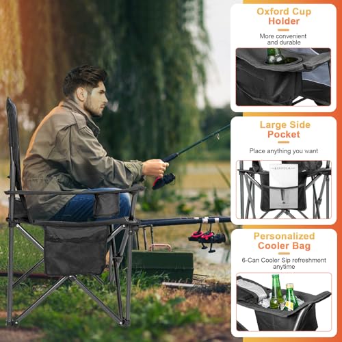 Romswi XL Oversized Camping Chairs 500LBS Support Folding Outdoor Chairs with Cooler Bag & Cup Holder, Black 2-Pack