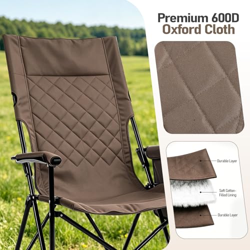 Khaki Portable Folding Camping Chair with High Back and Storage Bag