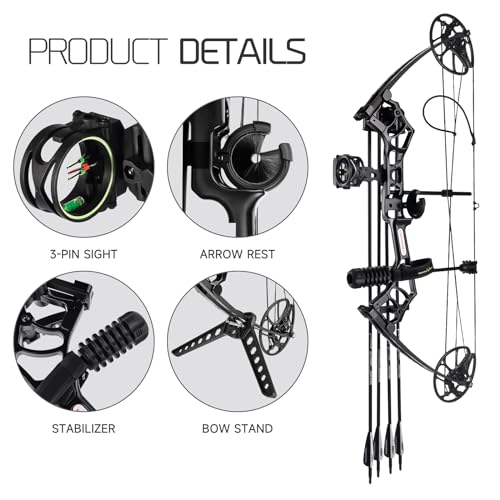 Compound Bow for Hunting & Target Shooting - Right Hand, 0-70 lbs, Adjustable, 25-31" Draw, Up to 320 fps - Black, Variation of This Listing