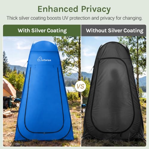 WolfWise PRO Pop Up Shower Tent with Silver Coating, Floor & Rain Fly - Blue, Tall 6'7"