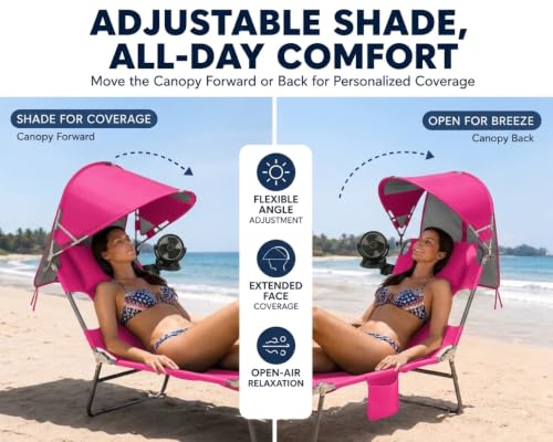 Pink Folding Camping Lounge Chair with Canopy & Fan - Portable Reclining Outdoor Cot with Pillow & Side Pocket