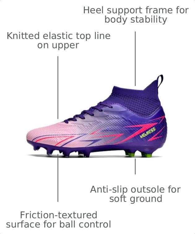 Unisex FG Soccer Cleats Shoes - Pink Purple 5.5 Women / 4.5 Men - WELRUNG