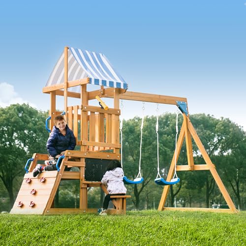 ROBOTIME Wooden Kids Swing Set Backyard Playset Ages 3-10 with Slide & Climbing Rope