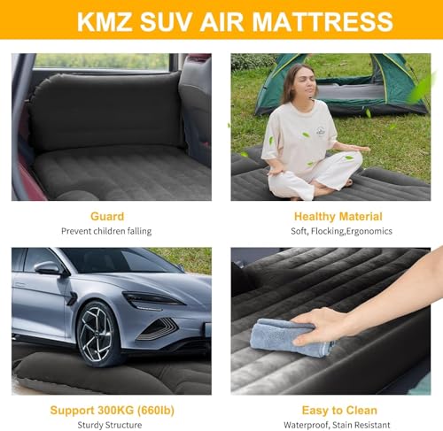 KMZ Dark Gray SUV Air Mattress with 2 Pillows & Electric Pump, Double-Sided Flocked Camping Bed