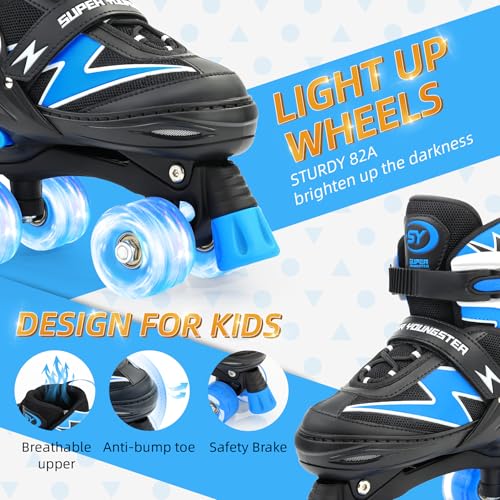 Super Youngster Adjustable Kids Roller Skates Blue Medium-Big 13J-3 US with Light-Up Wheels