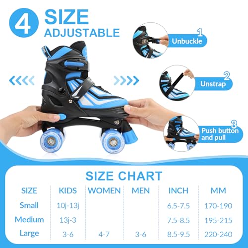 PAPAISON Kids Adjustable Roller Skates for Boys & Girls - Blue, Large (Youth 3-6 US)
