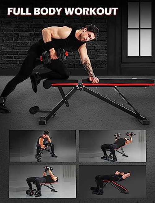 LINODI Adjustable Weight Bench for Home Gym，Foldable Incline Decline Flat Workout Bench for Full Body Strength Training, Dumbbell Press & Ab Exercises