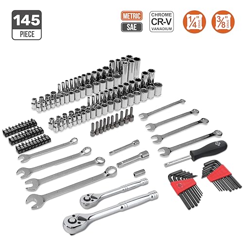 Amazon Basics 145-Piece Mechanic's Socket Tool Set with Case - Black & Silver, Metric Sizes