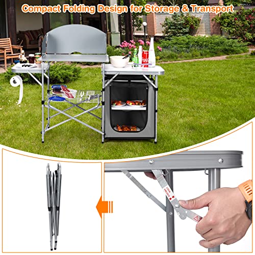 GIANTEX Grey Folding Camp Grill Table with Detachable Windscreen & Carry Bag