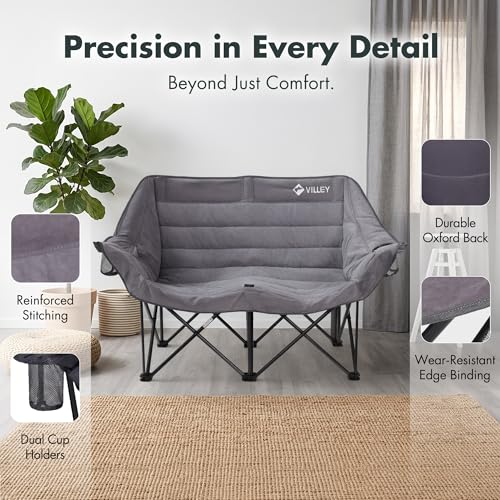 Villey Oversized Double Camping Chair Grey Heavy-Duty Folding Loveseat