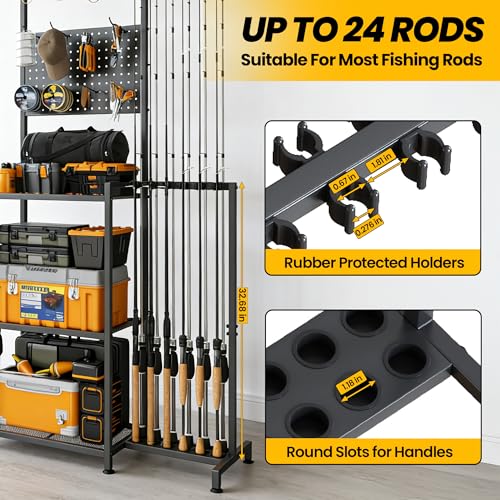 YQSLYSF Upgraded Fishing Rod Holder for Garage - Holds 24 Poles & Tackle Gear Organizer