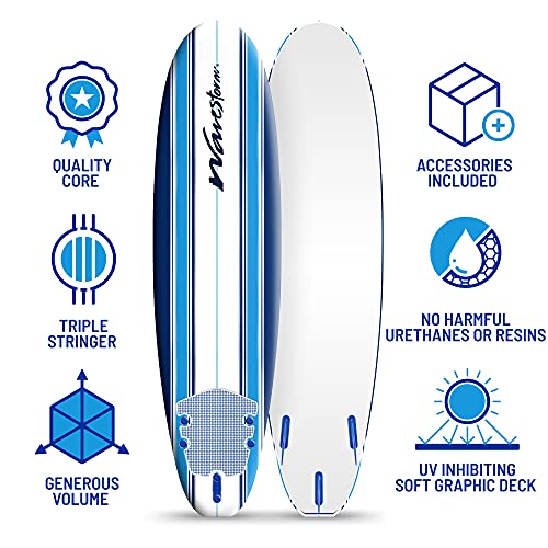 WaveStorm 7ft Classic Soft Top Foam Surfboard - Beginner & All Levels Complete Set with Fins & Leash - Blue Pinline (Surfboard)