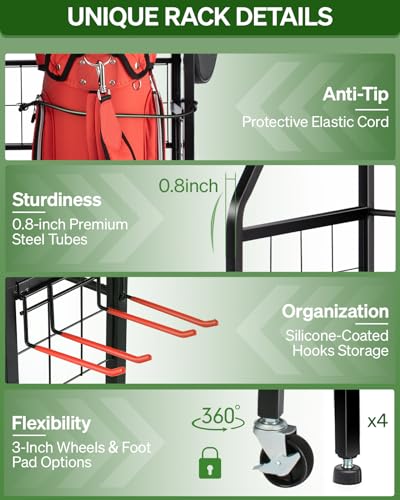FHXZH Three Golf Bag Storage Rack with Wheels & Multi-Storage Shelves