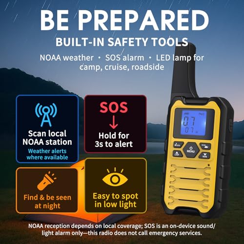Long Range Walkie Talkies for Adults 4 Pack - Rechargeable Two-Way Radios with Flashlight & NOAA/SOS - Blue, Red, Yellow, Cyan