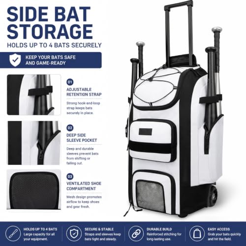 White 55L Wheeled Baseball & Softball Bag with Bat Holders & Ventilated Cleat Compartment