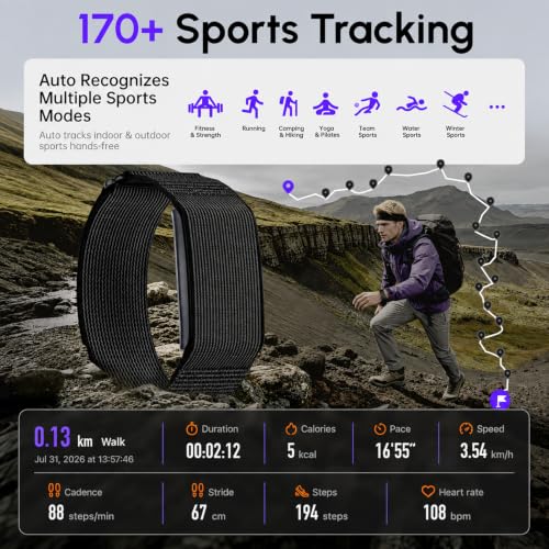 Domhong Black Screenless Fitness Tracker with Heart Rate, SpO2, HRV & Sleep Monitoring