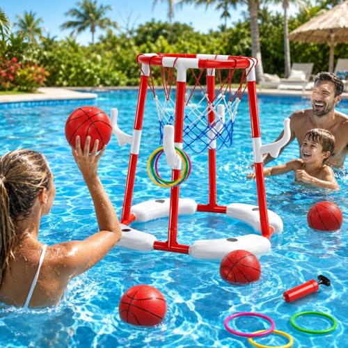 Red Pool Basketball Hoop Toys for Kids and Adults - 2-in-1 Floating Water Game Set with Rings & Balls
