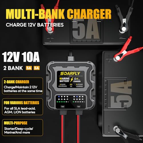 SOARFLY 2 Bank Marine Battery Charger 10A Waterproof 12V for Boat RV Lithium AGM