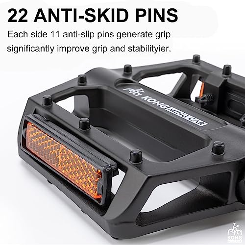 Black Mountain Bike Pedals 9/16 Inch Aluminum Flat Pedals with Reflectors - Wide Platform