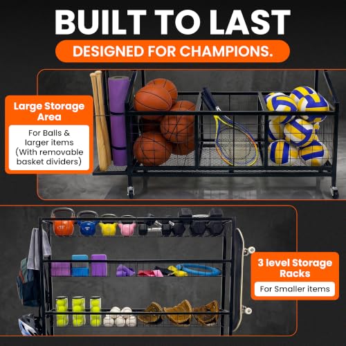 Garage Ball Storage Rack with Casters - Sports Equipment Organizer