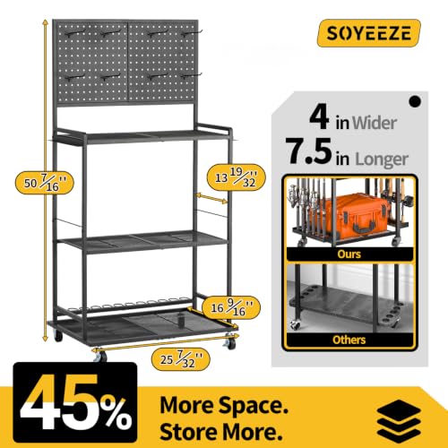 Black 3-Side Fence Fishing Rod Holder Rack for Garage, Up to 12 Rods, Hooks & Wheels, SOYEEZE