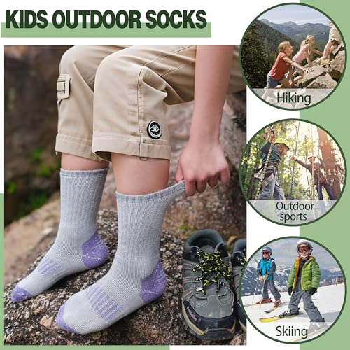 Kids Merino Wool Hiking Socks for Girls and Boys - 8-12 Years, 4 Pairs - Purple, Blue, Red, Grey