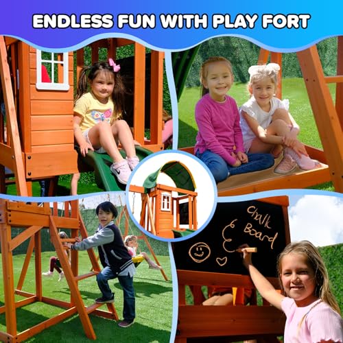 Wooden Swing Set with Slide, Saucer & Sling Swings for Kids 3-8