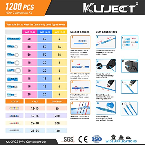 Kuject 1200PCS Heat Shrink Wire Connectors Kit Waterproof Electrical Terminals