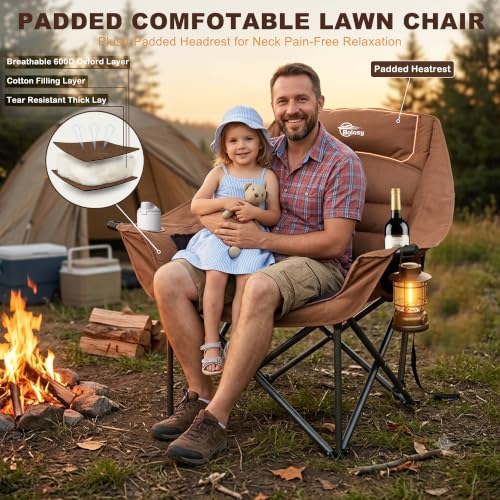 Brown Oversized Heavy Duty Camping Chair for Adults Folding Lawn Seat - 500 lbs Support
