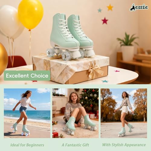 jessie Outdoor Roller Skates Women Adult with Light-Up Wheels, High Top PU Leather Skates with ABEC-7 Bearings for Indoor/Outdoor Skating, Ideal for Beginners(Green White, 39-24.5cm/9.55in)