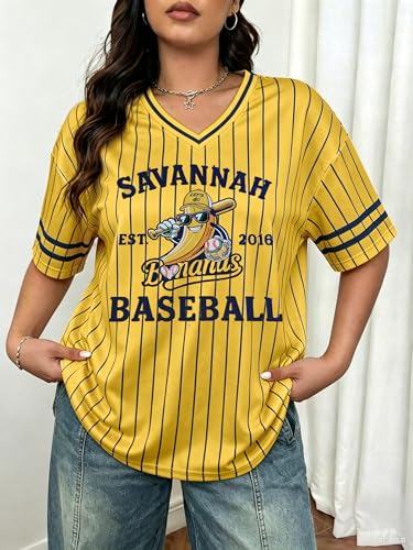 Women’s Baseball Jersey Funny Banana Shirt Stripe V-Neck Short Sleeve Tee Medium Yellow 1